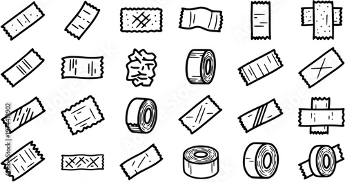 Medical and First Aid Supplies Doodles. Hand-drawn Black and White Line Art Set of Adhesive Tape, Bandages, and Rolls Icons for Healthcare.