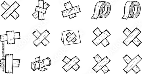 Black  White Line Art Hand Drawn Doodle Icons of Adhesive Tape Crosses and Rolls for Repair, Warning, and Packaging Industry