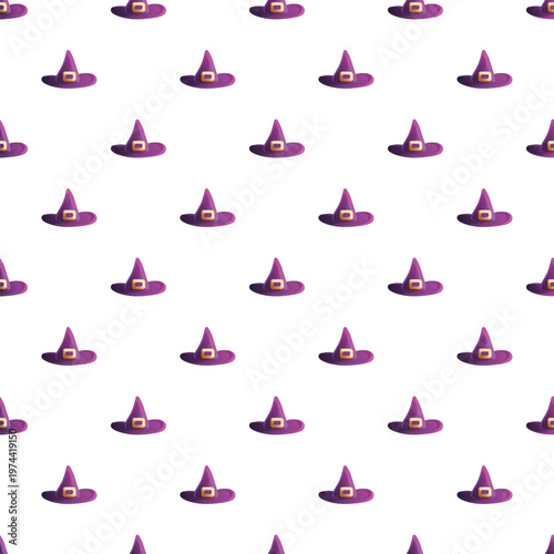 Purple witch hat pattern repeating on white background for holiday design
