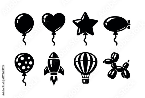 Set of black and white balloon silhouettes including heart star rocket hot air balloon and animal