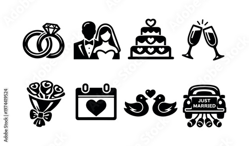 Wedding icon set featuring rings, couple, cake, toasting glasses, bouquet, calendar, doves, and car silhouette