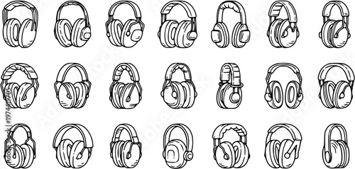 Black and White Line Art Vector Set of Headphones and Earmuffs for Hearing Protection, Industrial Safety, and Audio