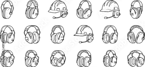Collection of Industrial Safety Ear Muffs, Hard Hats, and Headsets in Black and White Line Art Style