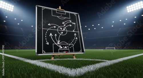 Tactical strategy board on an easel placed directly on the green grass pitch of an illuminated soccer football stadium arena ready for a competitive championship match.