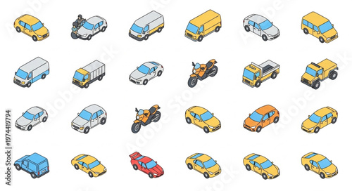 Isometric Toy Car And Vehicle Icons Set Array.