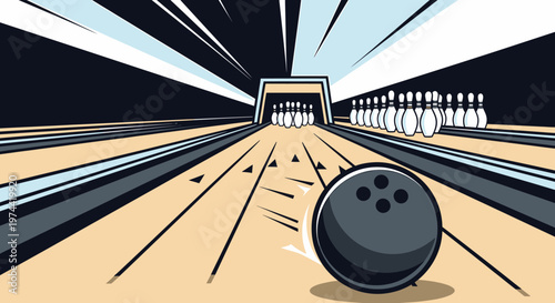 Bowling Ball Rolling Towards Pins on a Wooden Lane.