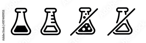 Chemistry lab flask icons featuring liquid levels and prohibitive sign in black and white silhouette