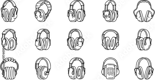 Black and White Line Art Illustration of Various Safety Ear Defenders, Noise Cancelling Headphones