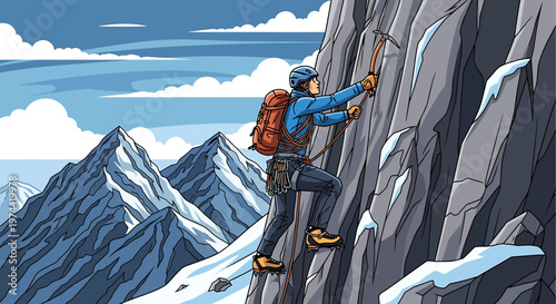 Brave Climber Ascending Rocky Mountain Face with Ice Axe and Backpack.