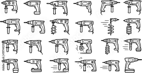 Construction and DIY Power Drills Line Art Icons Set. Black and white outline vector illustrations of various electric, cordless, and hand drilling tools.