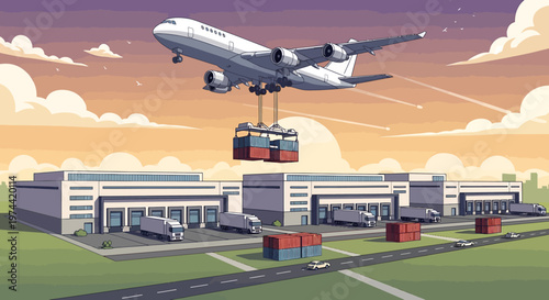 Cargo Plane Lifting Container Over Warehouse for Global Shipping.