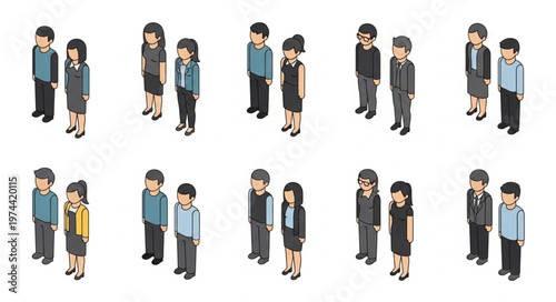 Isometric standing couples and individual people icons set.
