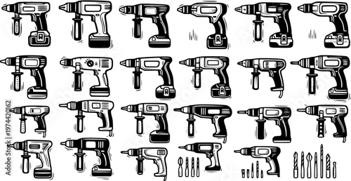 Construction Power Drills and Drill Bits Vector Line Art Set. Black and White Handyman Tools Collection for DIY and Renovation Projects.