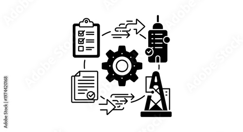 Business Process Workflow Depicted in Simple Black and White Iconography.