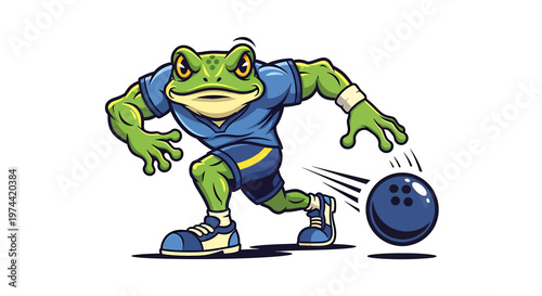 Cartoon Frog Bowler - Striking Pose with Bowling Ball, Ready to Roll.