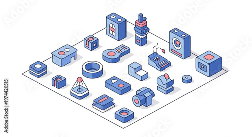Isometric technology device icon set with multiple gadgets.