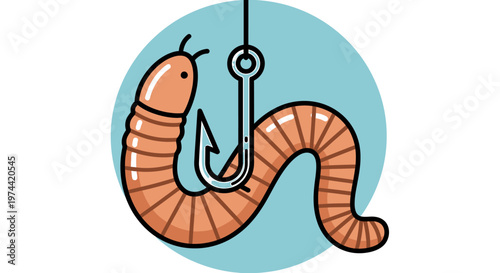 Cartoon Worm on Fishing Hook Ready for Angling Adventure.