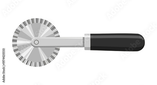 Close-up of a stainless steel pizza cutter on white background.