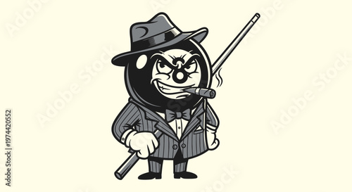 Cartoonish Billiard Ball Mafia Boss Smoking Cigar and Holding Cue.