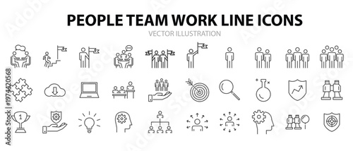 People Icons Line Work Group Team Vector. Recruitment web icons in line style. Headhunting, career, resume, work group, candidate, job hiring, collection. Editable stroke. Vector illustration.