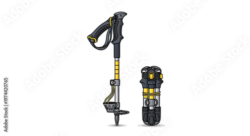 Collapsible Trekking Pole and Compact Hiking Equipment Isolated.