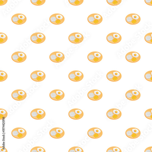 Cartoon plates with fried egg, rice, and hash browns forming a delicious seamless food pattern