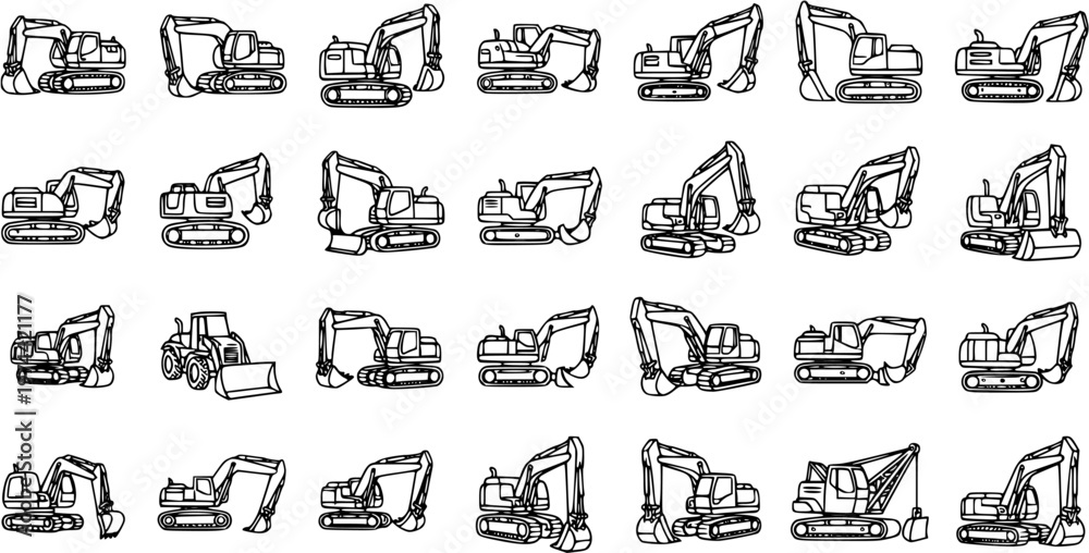 Fototapeta premium Black and White Line Art Icons of Excavators, Construction Vehicles, Heavy Machinery