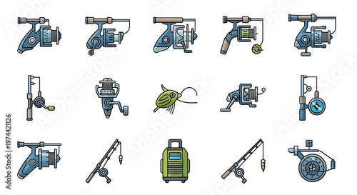 Collection of Fishing Reels and Rods Isolated on White Background.