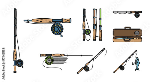 Collection of Fishing Rods and Reels Depicted in Various Angles and Positions.