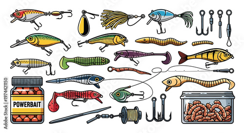 Collection of Fishing Lures and Baits in Detailed Illustration.