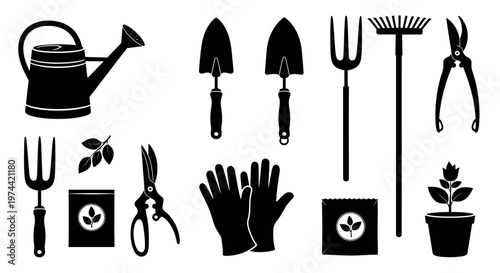 Collection of Garden Tools Silhouettes for Gardening and Landscaping.