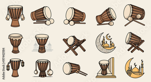 Collection of Hand-Drawn Musical Drums with Various Perspectives and Styles.