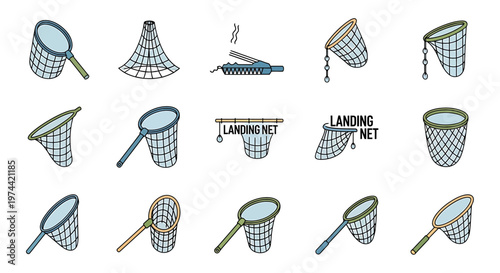 Collection of Hand-Drawn Landing Nets for Catching Insects and Butterflies.