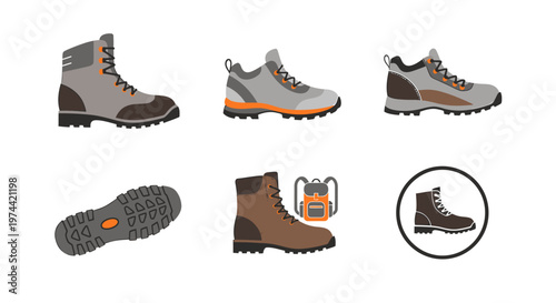 Collection of hiking boots footwear.