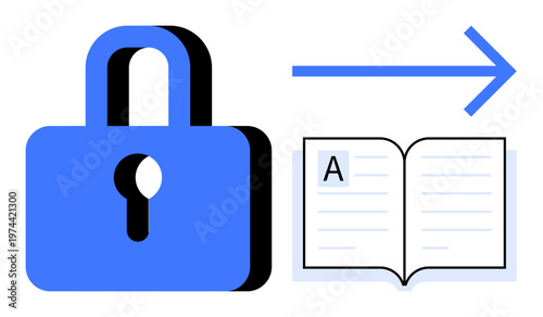 Data protection, cybersecurity, information privacy, educational systems, encryption, safe communication. Blue lock with an arrow pointing to a book. Data protection and cybersecurity concept