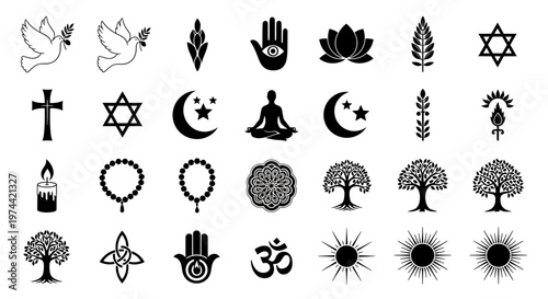 Collection of Religious and Spiritual Symbols in Black and White.