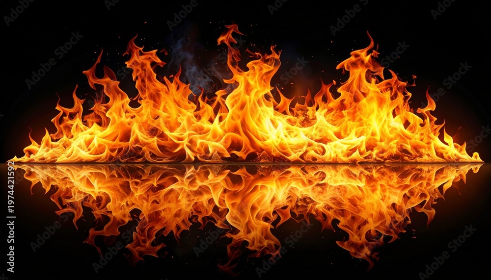 Fototapeta premium Fiery orange and yellow flames blaze with intense heat and energy, creating an abstract inferno of burning light and smoke against a dark black background