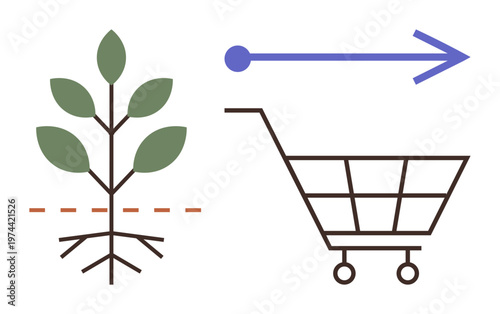 Environmental sustainability, eco-friendly shopping, green economy, conscious consumerism, agriculture market, plant-based products. A plant and shopping cart connected by an arrow. Sustainability