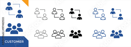 Customer and user group icons set with people hierarchy and connection structure, client segmentation and audience concept, minimal line and solid vector illustration for business and UI design