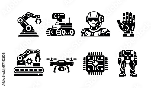 Black and white vector silhouette collection of robotics elements including arm robot ai and drone