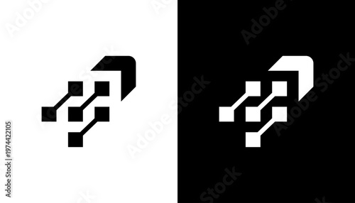 Black and white arrow pixel design digital design tech logo