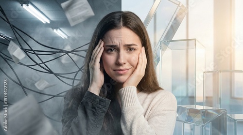 Woman's Split Face: Depicting Stress vs. Calm in Modern Office Environments