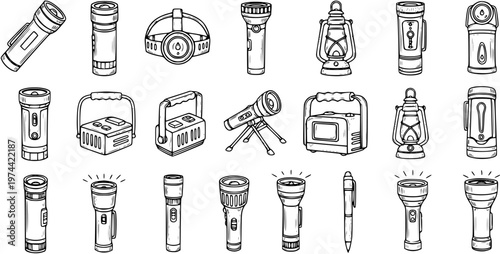 Black and White Line Art Collection of Outdoor and Emergency Flashlights, Lanterns, and Headlamps
