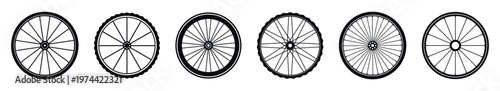 Bicycle wheel silhouettes set, illustrations of different spoke designs, black and white vector elements