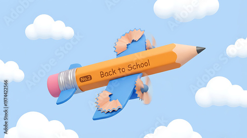 A colorful pencil airplane soars through fluffy white clouds with Back to school, copy space for text, symbolizing education and learning