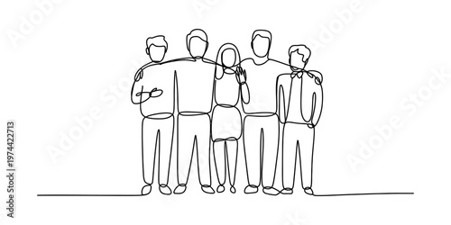 A continuous line drawing depicting a group of five friends standing together in unity and harmony Vector, illustration