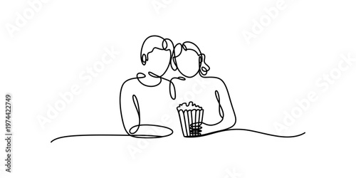A continuous one line drawing of a couple sitting together while sharing a bucket of popcorn Vector, illustration