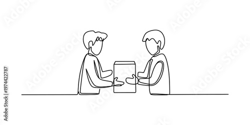 Continuous single line drawing of a person handing over a parcel package to another individual Vector, illustration