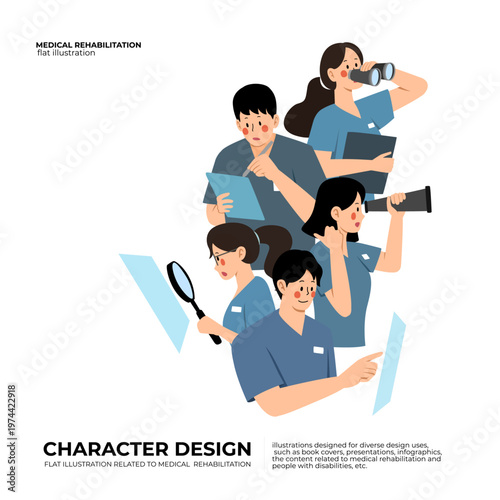 flat cartoon illustration medical rehabilitation team working together