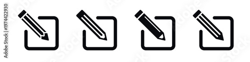 Set of pencil icon silhouettes inserted in square outline illustrating writing tools in black and white